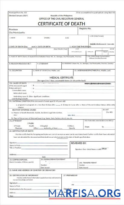 Downloadable Philippines office of the Civil Registrar general death certificate real example